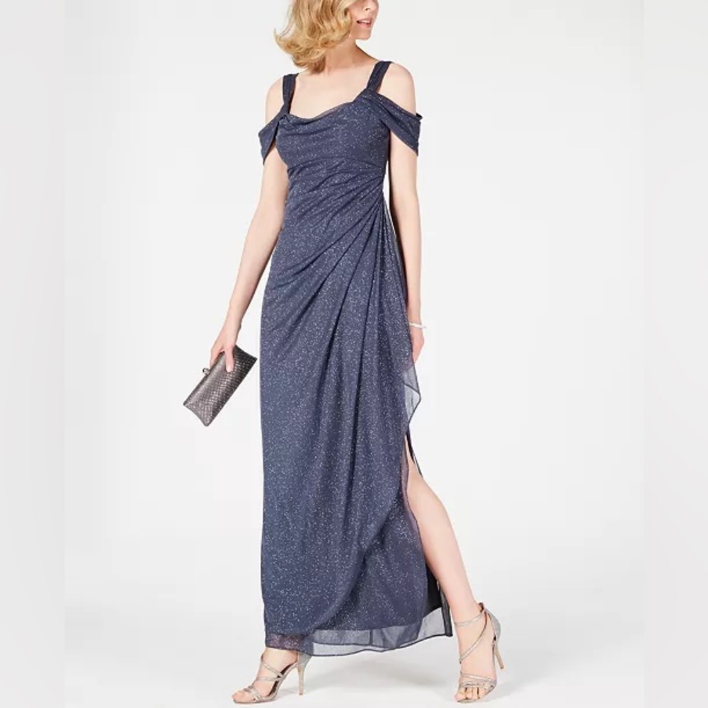 ALEX EVENINGS Cold-Shoulder Draped Metallic Gown